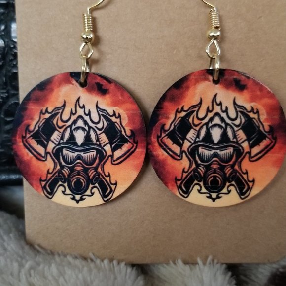 5 for $15  Fun Handmade Fire Fighter Fireman Round Earrings - Picture 1 of 3